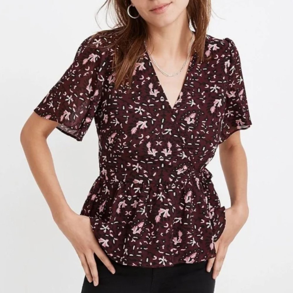 Madewell Georgette Flutter-Sleeve Peplum Faux Wrap Top in Rich Paisley, Sz S